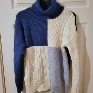 Men's Colorblock Cable Knit Turtleneck Sweater - Navy, Cream & Light Gray
